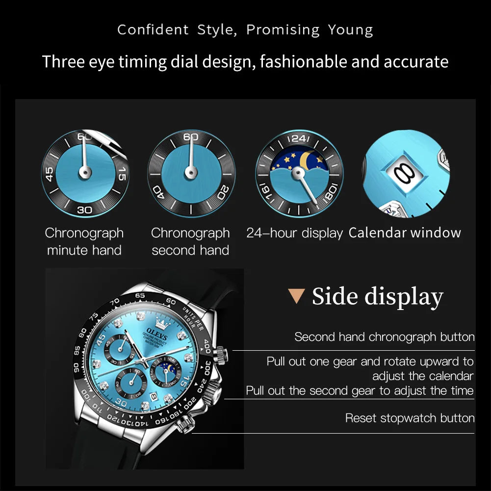 OLEVS 2875 Men Watch Original Fashion Brand Quartz Waterproof Luminous Watch For Man Three Small Dial Sport Moon Phase Watch