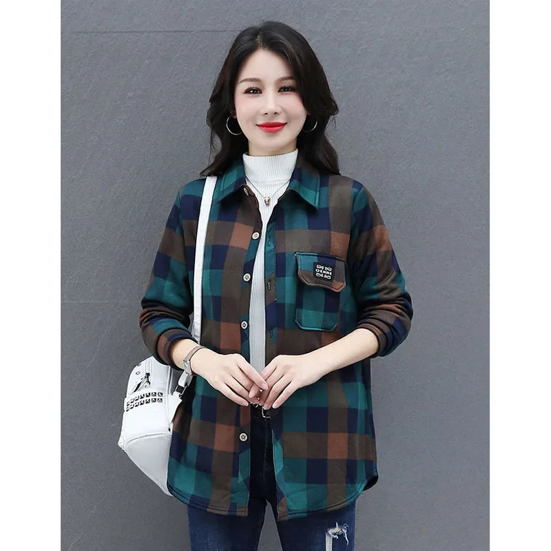 2025 Spring Autumn Winter Women's Warm Shirt Coat New Mother's Female Shirt With Plush Thickened Ladies Sanded Thick Jacket