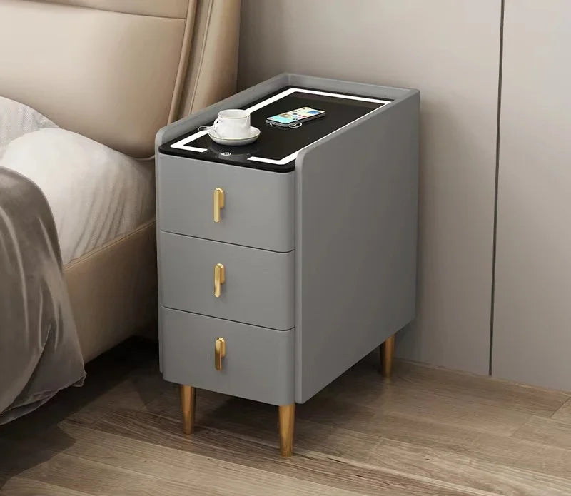 Modern Style Intelligent Wooden Bedside Table with Wireless Charging Faux Leather 3 Drawers 25cm Nightstands Storage Cabinet