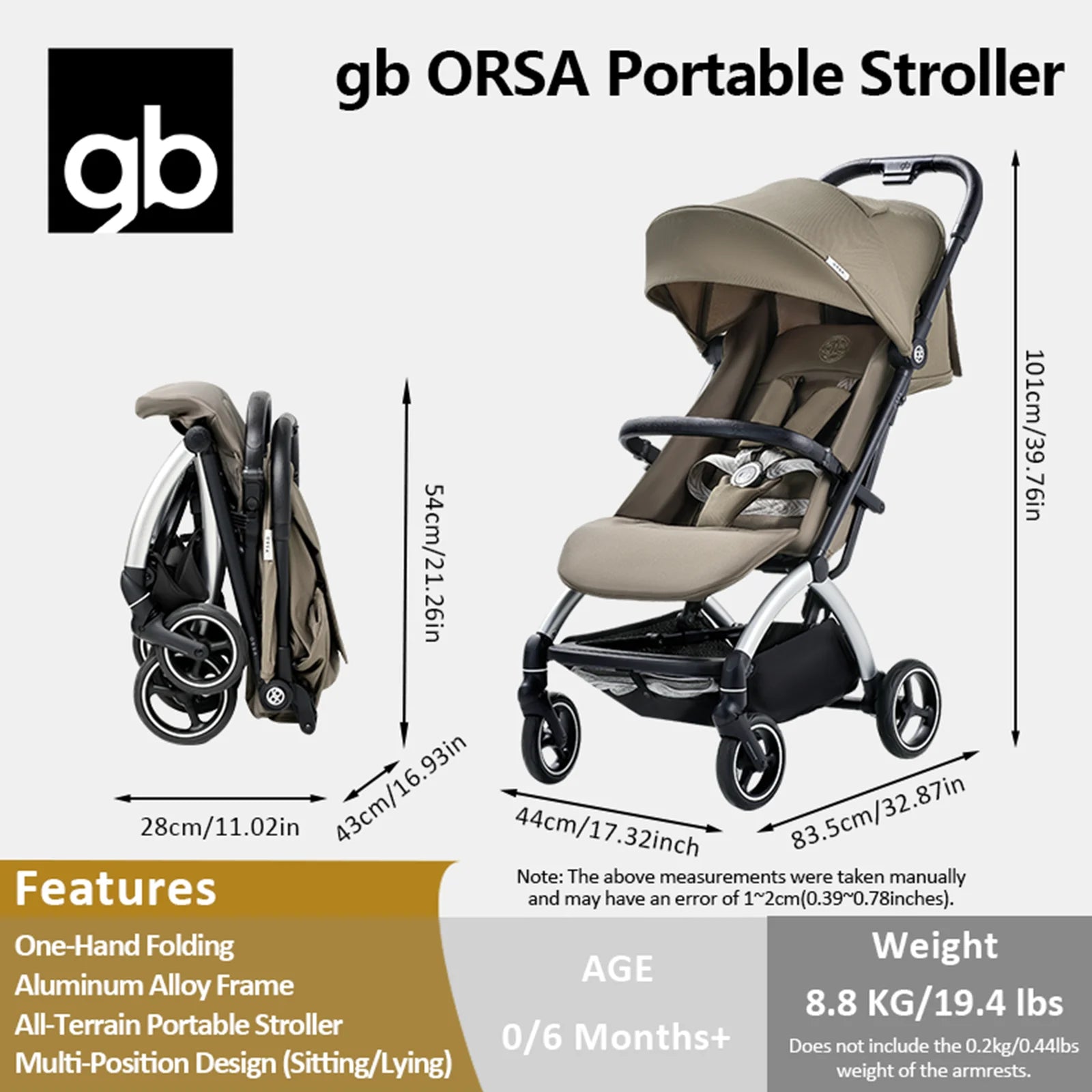gb ORSA Stroller, Lightweight, One-Hand Folding, Reclining Seating, All-Terrain Shock Absorbers, Linked Braking System