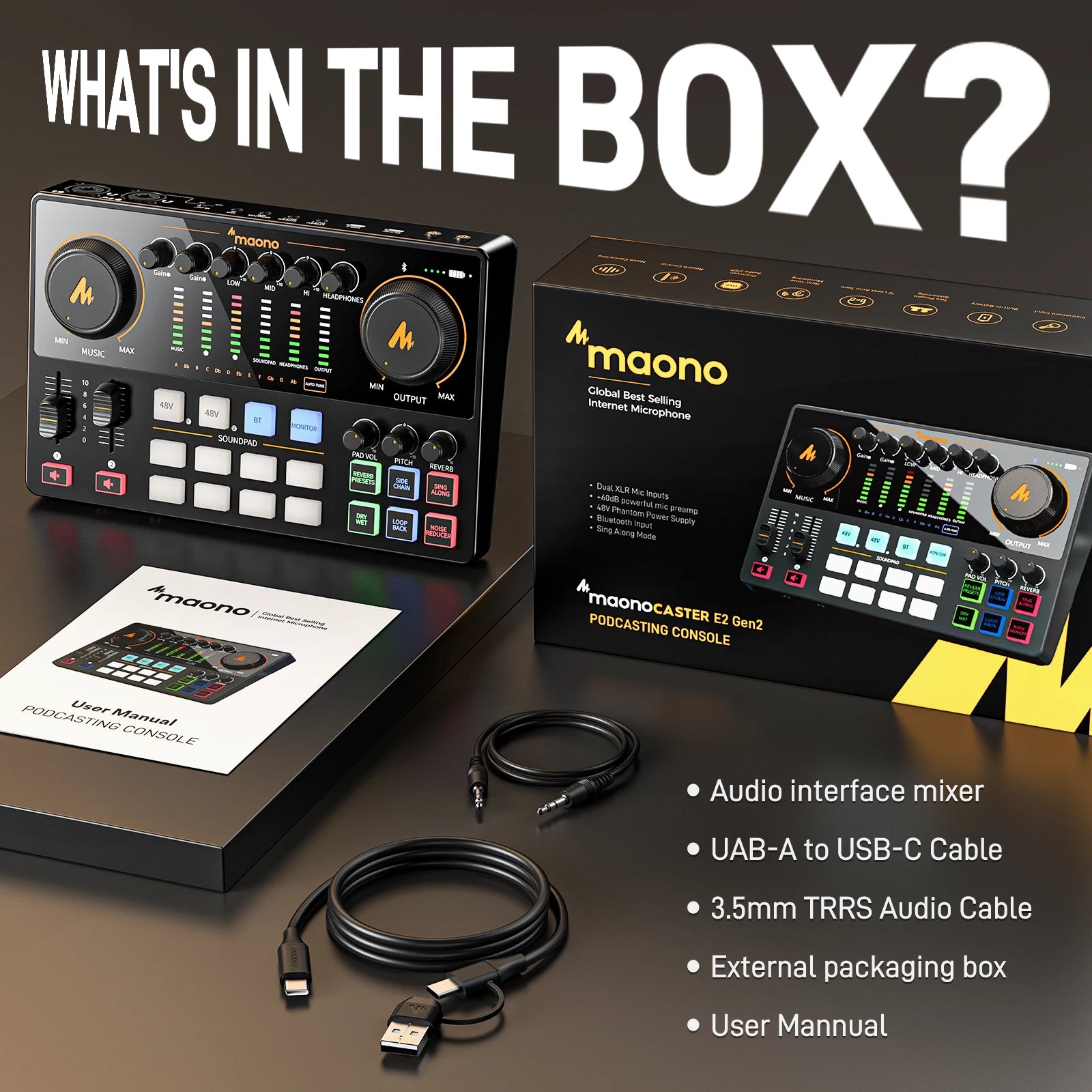 MaonoCaster AME2 Gen2 Audio Interface Mixer with Dual XLR Input for Dual Podcast Streaming,Podcast mixer with Pro-preamp Guitar