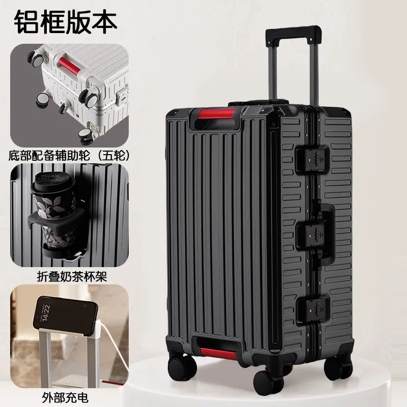 Five Wheels Luggage Aluminum Frame Multifunctional Travel Suitcases  22-28''Large Size Suitcases 3:7 Split