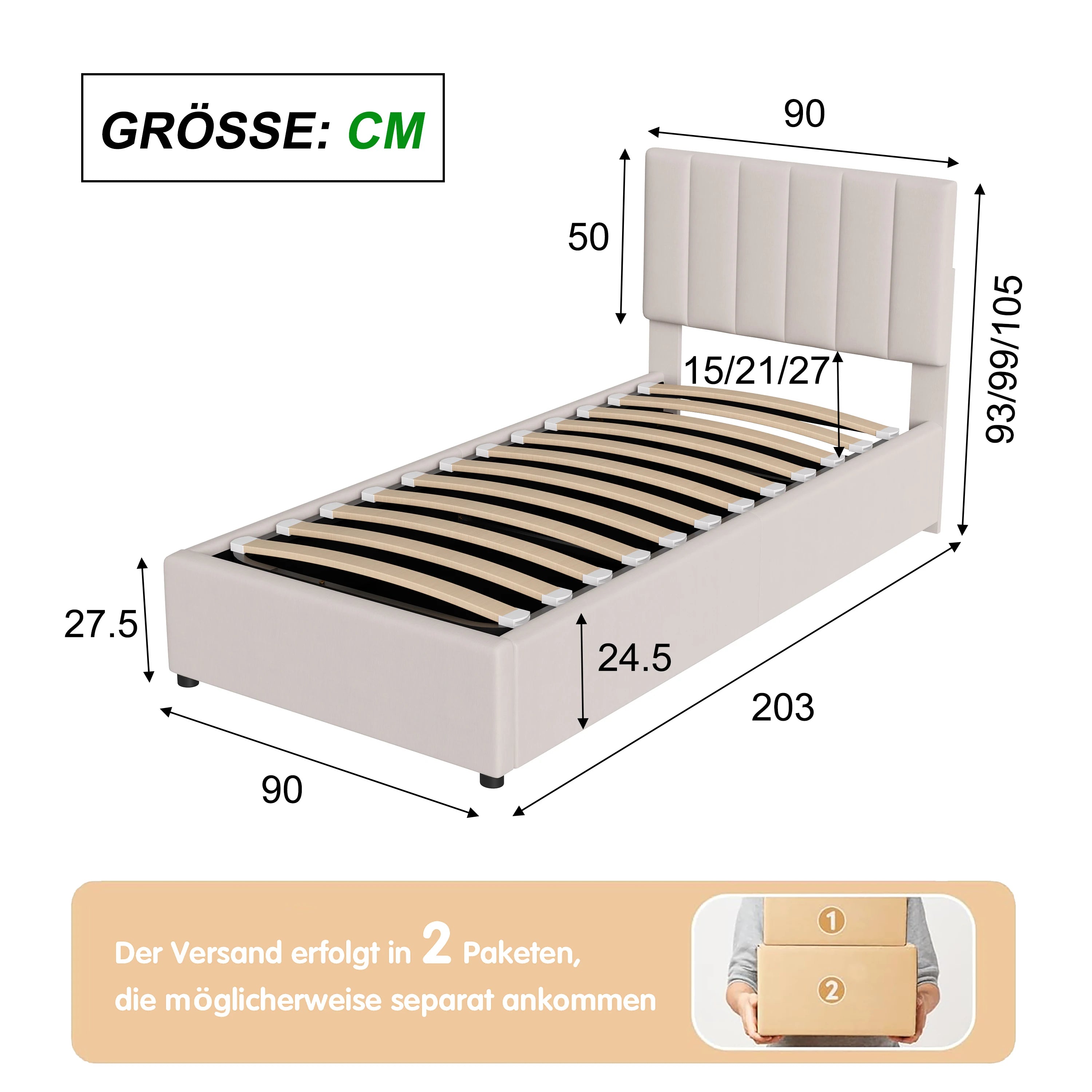 Rosahqnda children's bed 90x200 cm, upholstered bed, for boys and girls, single bed, hydraulic storage bed, linen,No Mattress