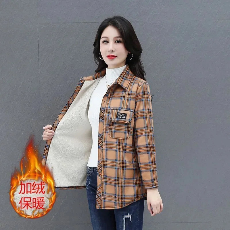 Keep Warm Add Velvet Shirt For Women 2026 New Spring Autumn Winter Fashion Versatile Grid Shirt Jacket Female Blouse Top