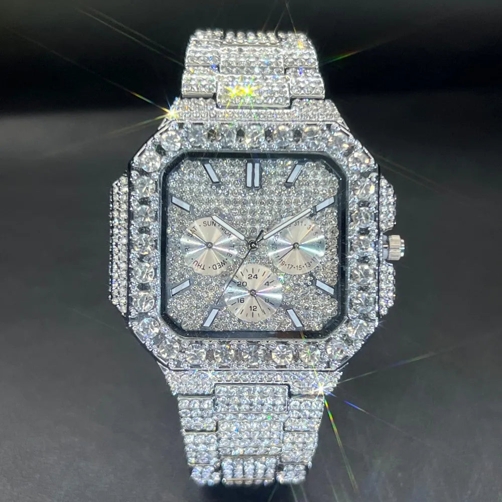 MISSFOX Luxury Diamond Quartz Watch for Men Square Dial Calendar Hip Hop lced Out GoldWristwatch Mens Fashion Accessory 2025