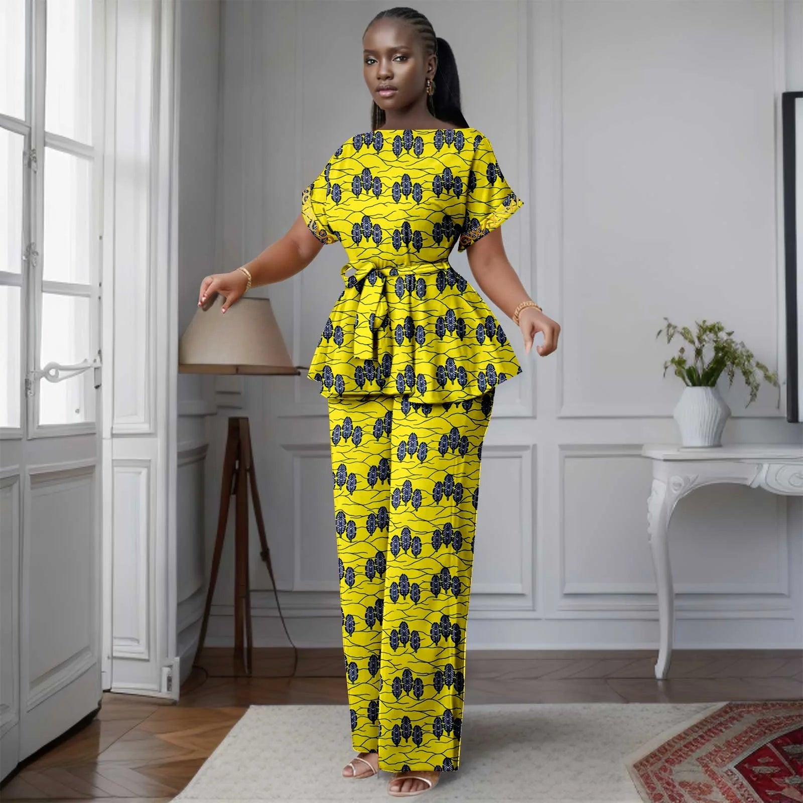 African Women's Printed Ankara Slash Neck Short Sleeve Top Mid-Calf Pants two-piece Set Dashiki Casual Party