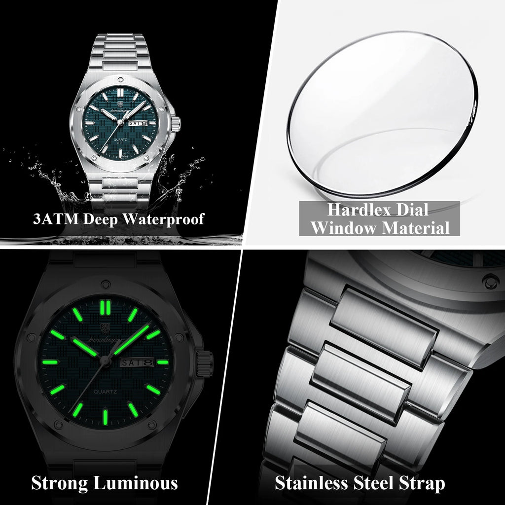 POEDAGAR Fashion Men's Clock Quartz Date Week Luxury Male Watch Waterproof Luminous Stainless Steel Watches For Men Reloj Hombre