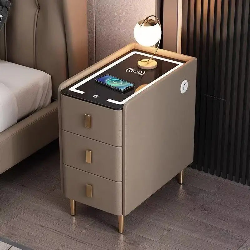 Nordic Style Intelligent Solid Wood Bedside Table Faux Leather 3 Drawers Nightstands with Wireless Charging Side Storage Cabinet