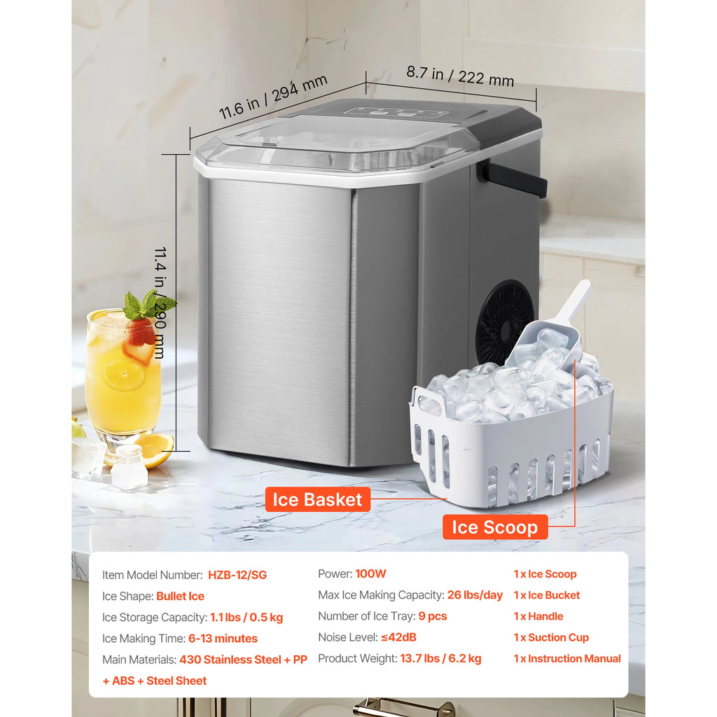 SucceBuy Countertop Ice Maker 9 Cubes Ready in 6 Mins 26lbs in 24Hrs Self-Cleaning Portable Ice Maker with Ice Scoop and Bask