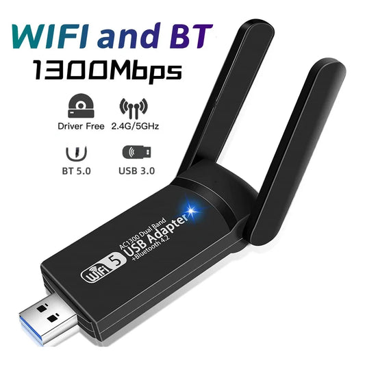 1300Mbps USB WiFi Bluetooth Adapter Dual Band 2.4/5Ghz Wireless Network External Receiver Mini WiFi Dongle for PC/Laptop/Desktop