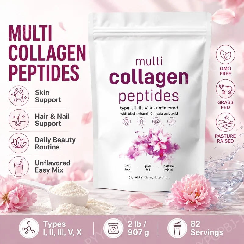 Multi Collagen Peptides with Biotin Vitamin C Hyaluronic Acid Supports Skin Hair Nails Unflavored  Types I II III V X  2Lb  907g
