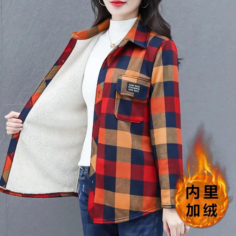 2025 Spring Autumn Winter Women's Warm Shirt Coat New Mother's Female Shirt With Plush Thickened Ladies Sanded Thick Jacket