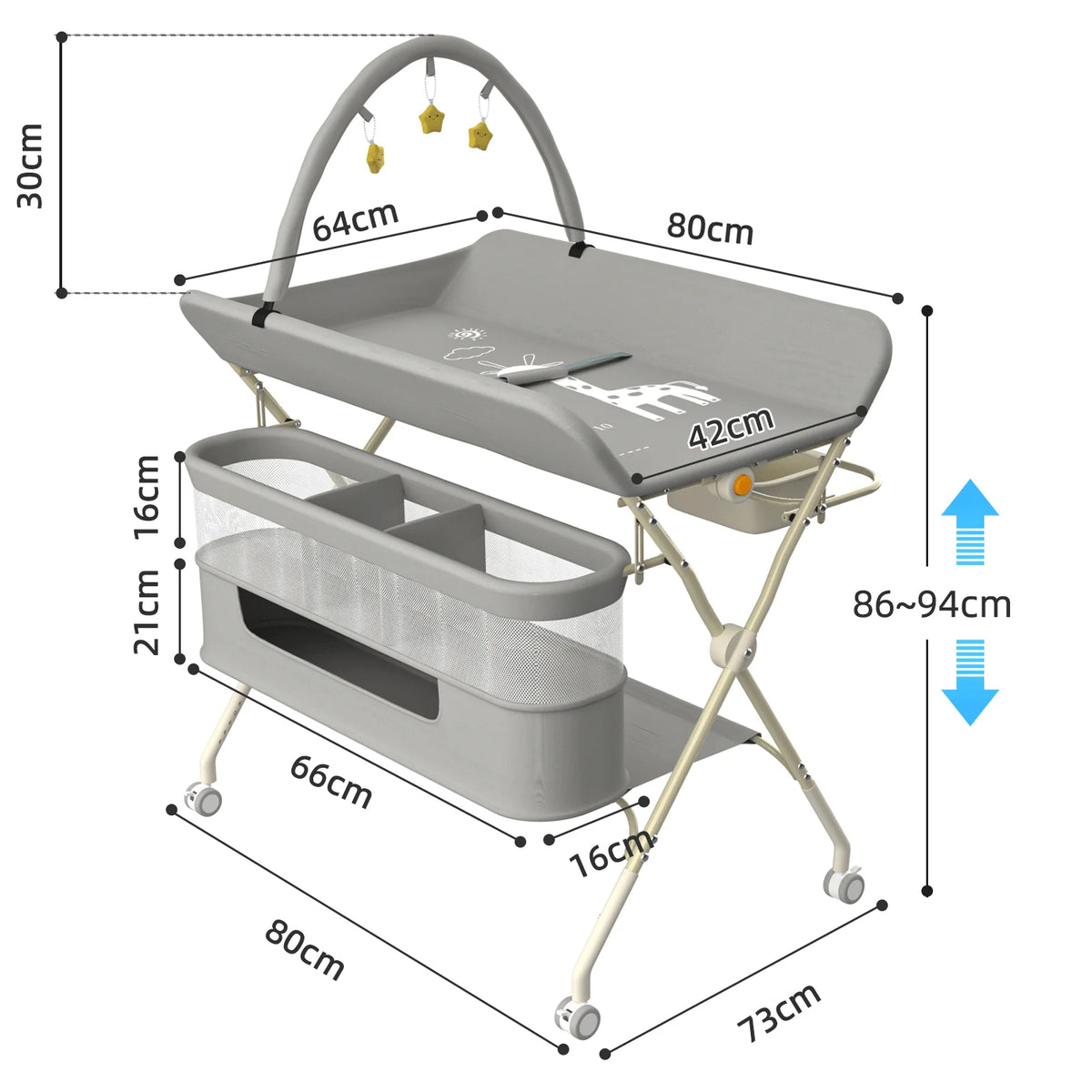 4 in 1 Folding Changing Table, Mobile Changing Unit, Height-adjustable Changing Station With Toy Arch & Storage Basket
