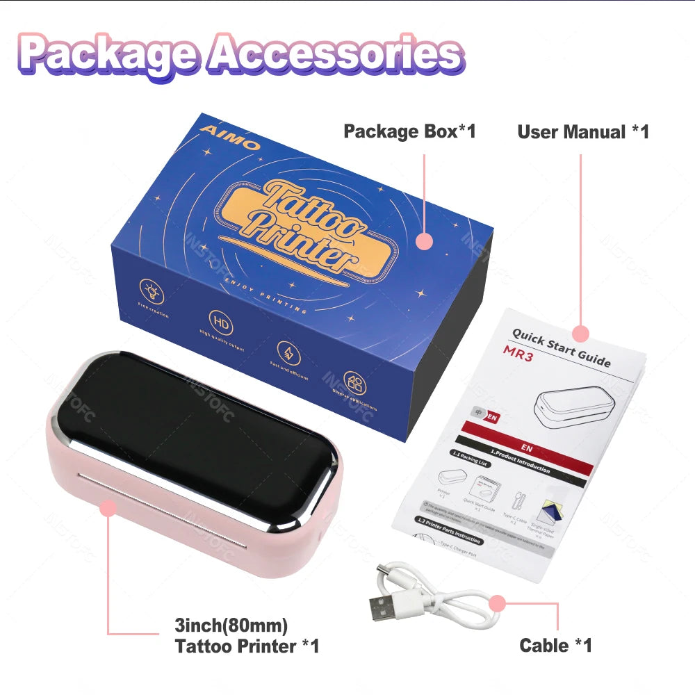 80mm Tattoo Stencil Printer Thermal Tattoo Printer with 3inch Transfer Paper Wireless Bluetooth Mini Portable Printer DIY Artist