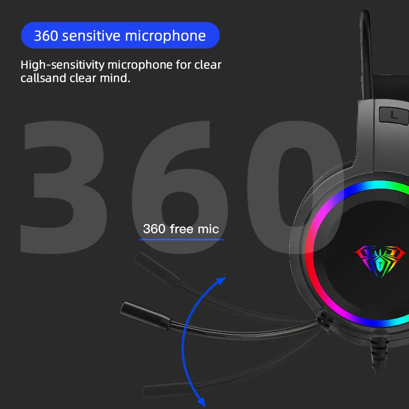 AULA S608 Wired Gaming Computer Headset USB/3.5mm RGB Backlight Noise Reduction Esports Gamer Headset with Mic for PC Laptops