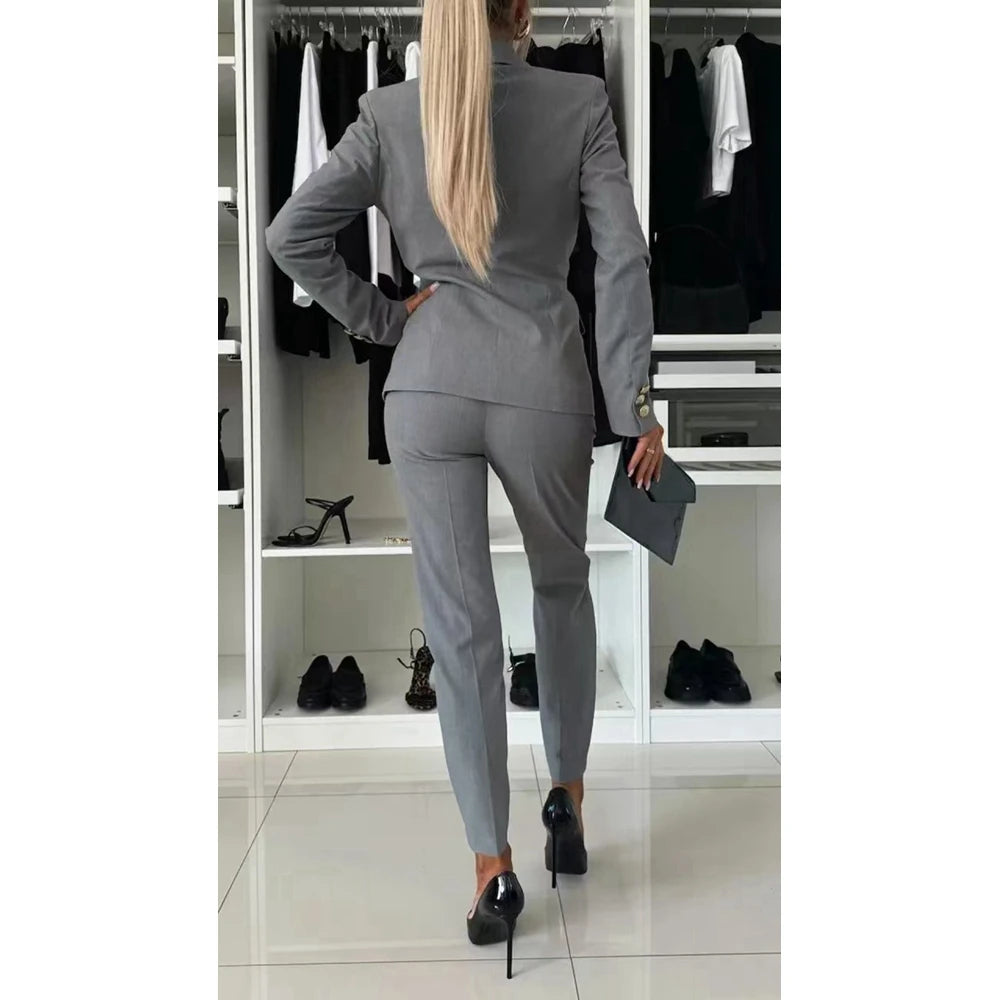 Women Casual Plain Blazer Coat & Work Pants Set Formal Solid OL Style 2 Pieces Set Bussiness Office Lady Suit Sets Workwear