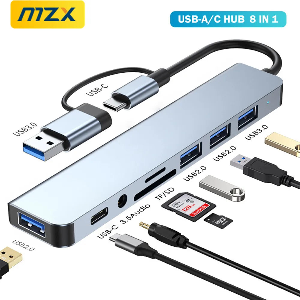 MZX 8 in 1 USB A & Type C Hub Docking Station Multi-Function Adapter with SD/TF Card Reader And Audio for Laptop PC Accessories