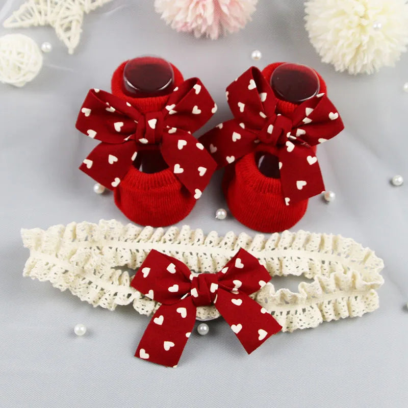 Cute Infant Headband Socks Combo - Breathable Bow Headband & Grip Socks for Baby (1 Set)
