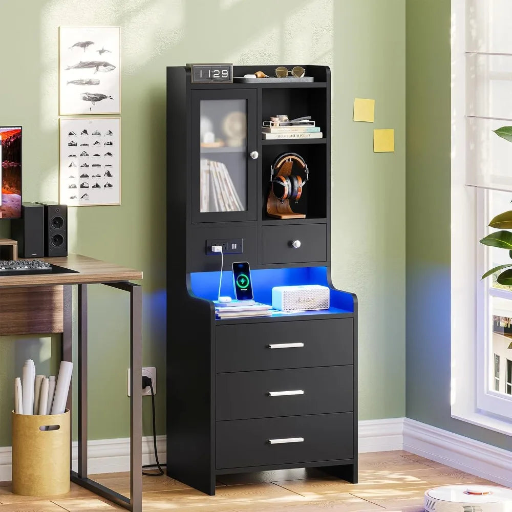 contemporary 49.2" led-lit nightstand with charging port and storage shelf