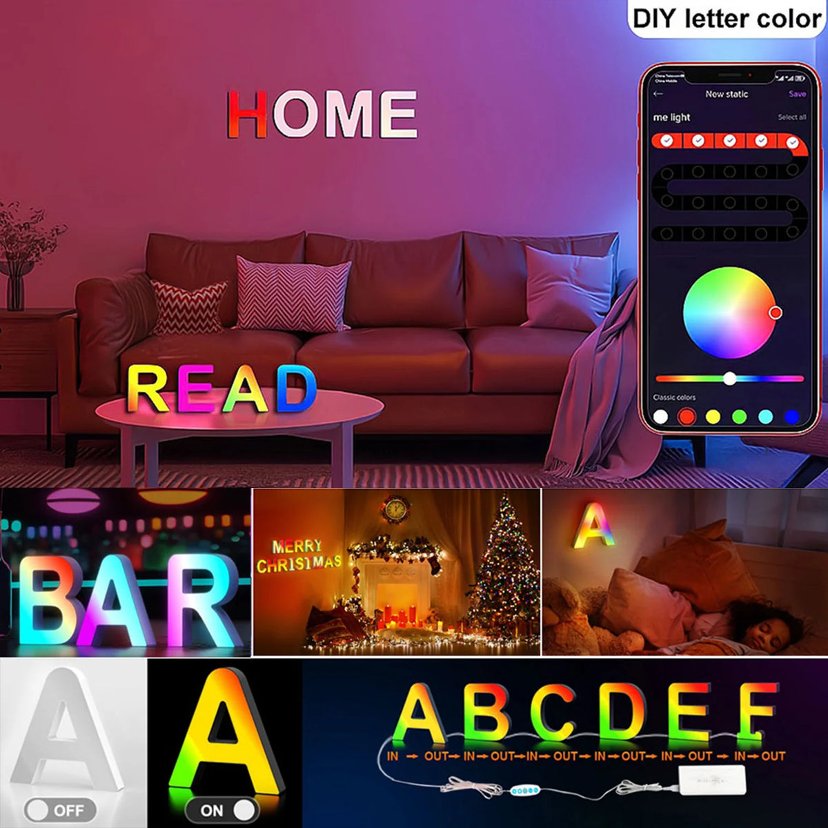 Light Up Letters LED Letter Lighted Letter Color Glitter Alphabet MeRGBW APP Music Sync Gift Logo Bar Wall Night Light Letters