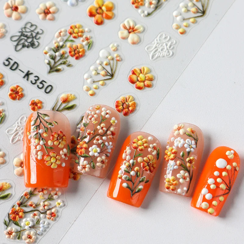 5D Daisy Embossed Nail Stickers Spring Fresh Floral Designs Acrylic Five-Petal Flower Self-Adhesive Nail Art Decals Decorations