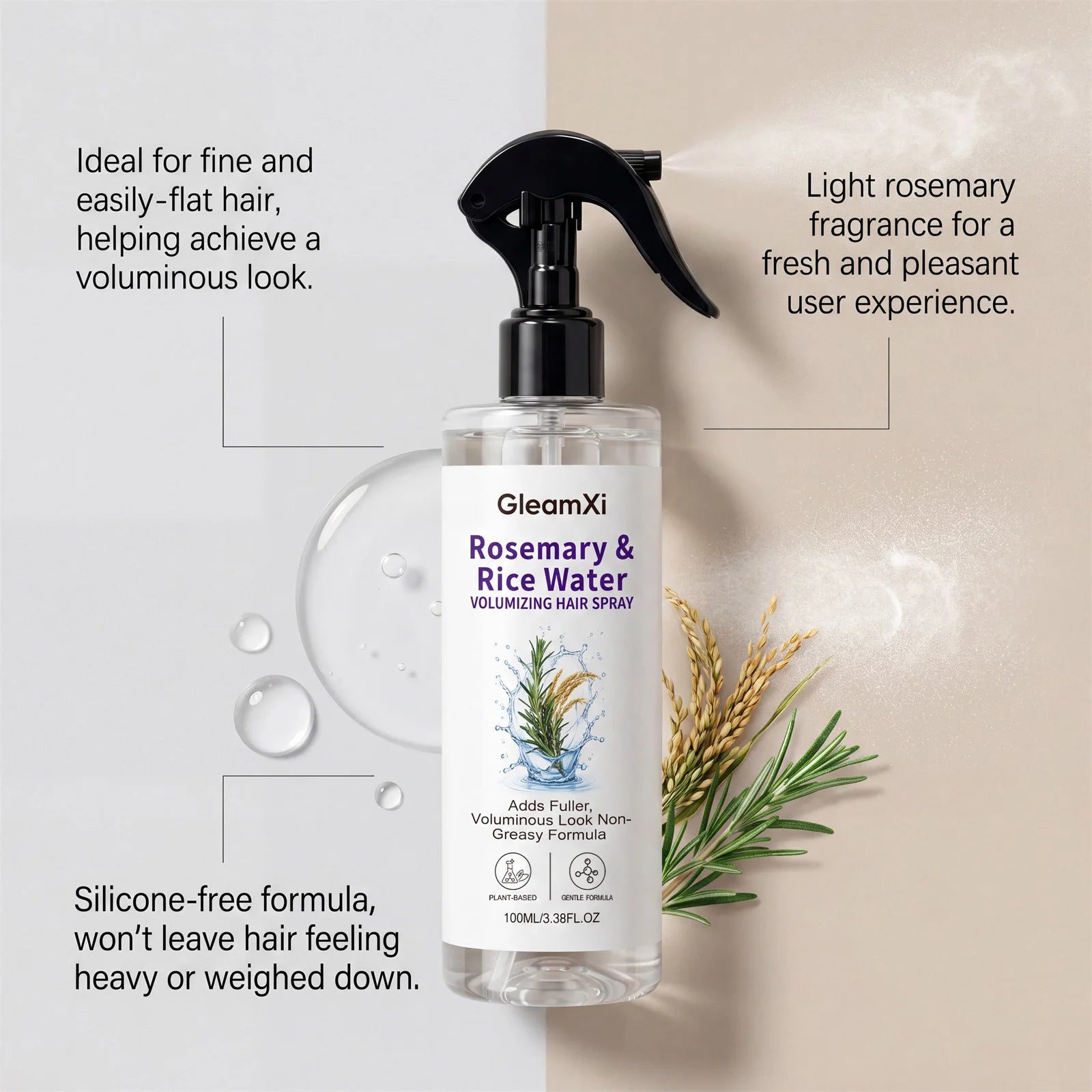 Volumizing Hair Spray Rosemary Rice Water Fine Hair Non Greasy Adds Fuller Look Lightweight Plant Based Daily Use 100ml