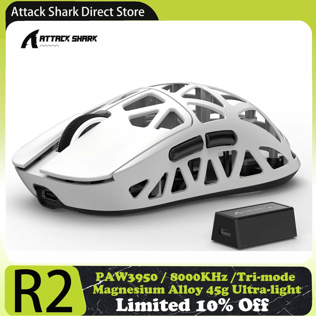 ATTACK SHARK R2 Magnesium Alloy PAW3950 Gaming Mouse, Tri-mode, 8000hz, 42000 DPI, 45g Ultralight, 100M Clicks Microswitches