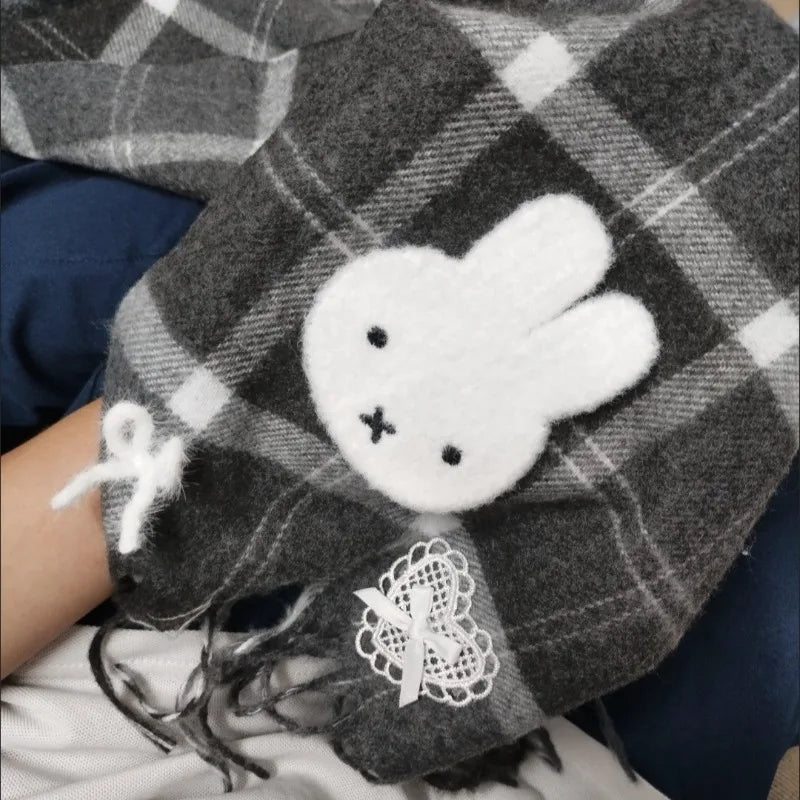 Miffy Black Checkered Scarf Autumn Winter Warm Versatile Cute Scarf for Women Girl Fashion Cotton Stoles Scarf Christmas Gifts