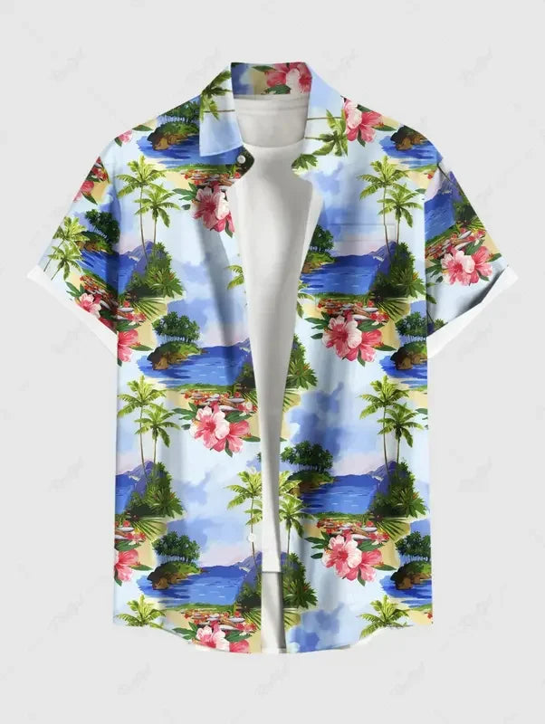 Summer Tiki Men'S Hawaiian Shirt 3D Printed Short Sleeved Button Down Lapel Shirt Oversized Tops Casual Aloha Shirts Man