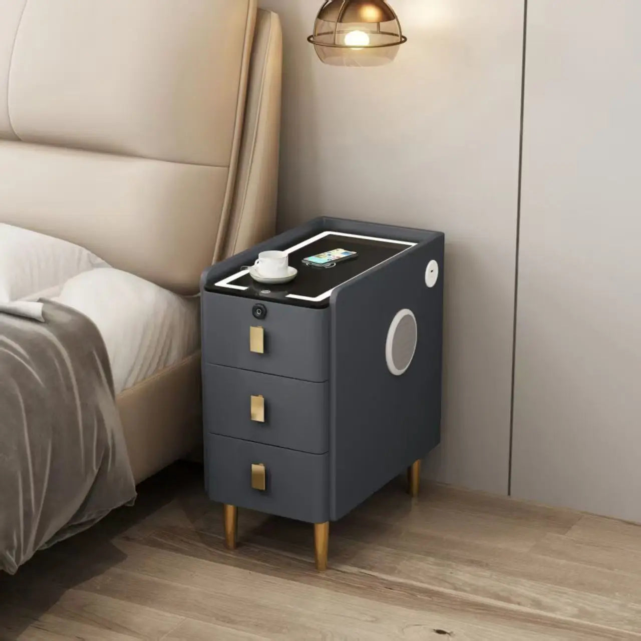 Nordic Style Intelligent Solid Wood Bedside Table Faux Leather 3 Drawers Nightstands with Wireless Charging Side Storage Cabinet