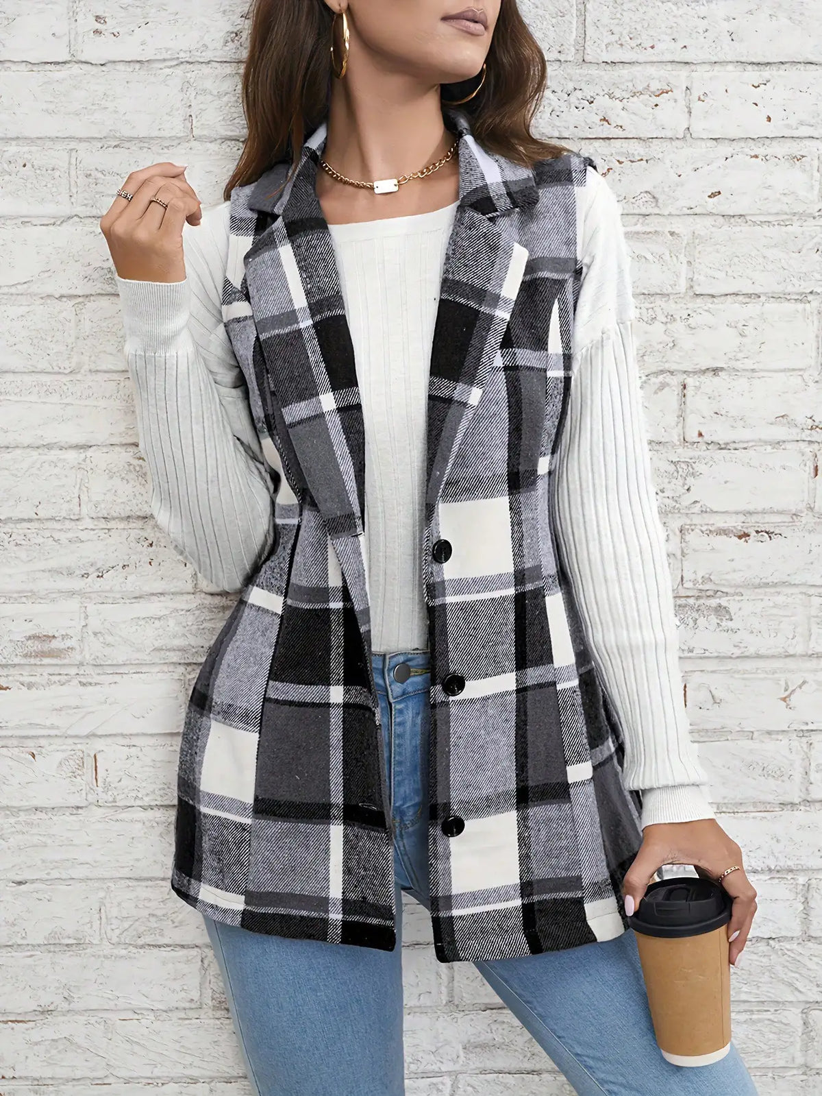 Women's Plaid Lapel Vest Jacket, Casual Longline Blazer with Button Closure