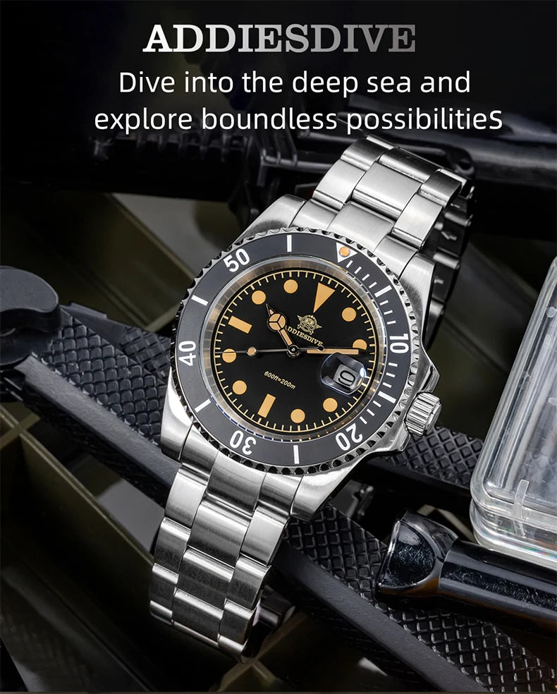 ADDIESDIVE 41mm Stainless Steel Watches Mens Business Leisure Quartz Watch Waterproof Ourdoor Sports 200M Dive WristWatch AD2054
