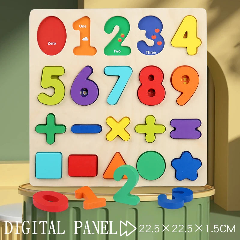 Montessori Wooden Puzzle for Children - Alphabetic Arithmetic Number Geometric Shapes Educational Game Toy for Preschool Learnin