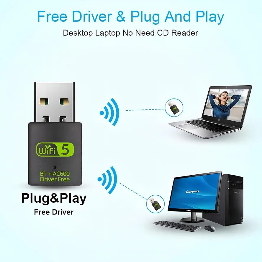 USB WiFi Bluetooth Adapter 600Mbps Dongle Dual Band 2.4G 5GHz Wi-Fi 5 Network Wireless Wlan Receiver Driver Free for PC/Laptop
