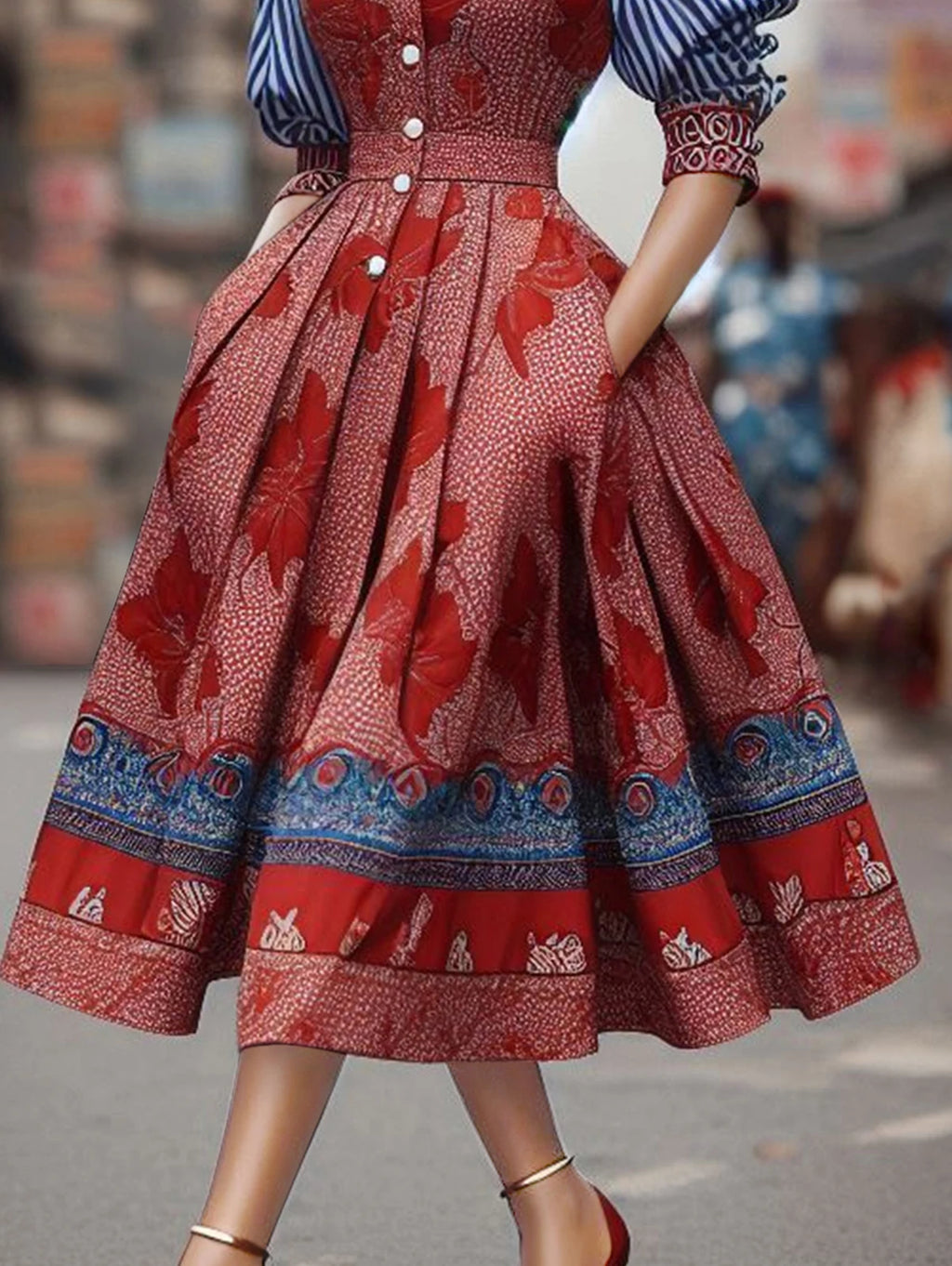 Elegant Women's Dress Striped Floral Patchwork Turndown Collar Shirt Mid-Length Waisted Evening Party Dress Women's Midi Dress