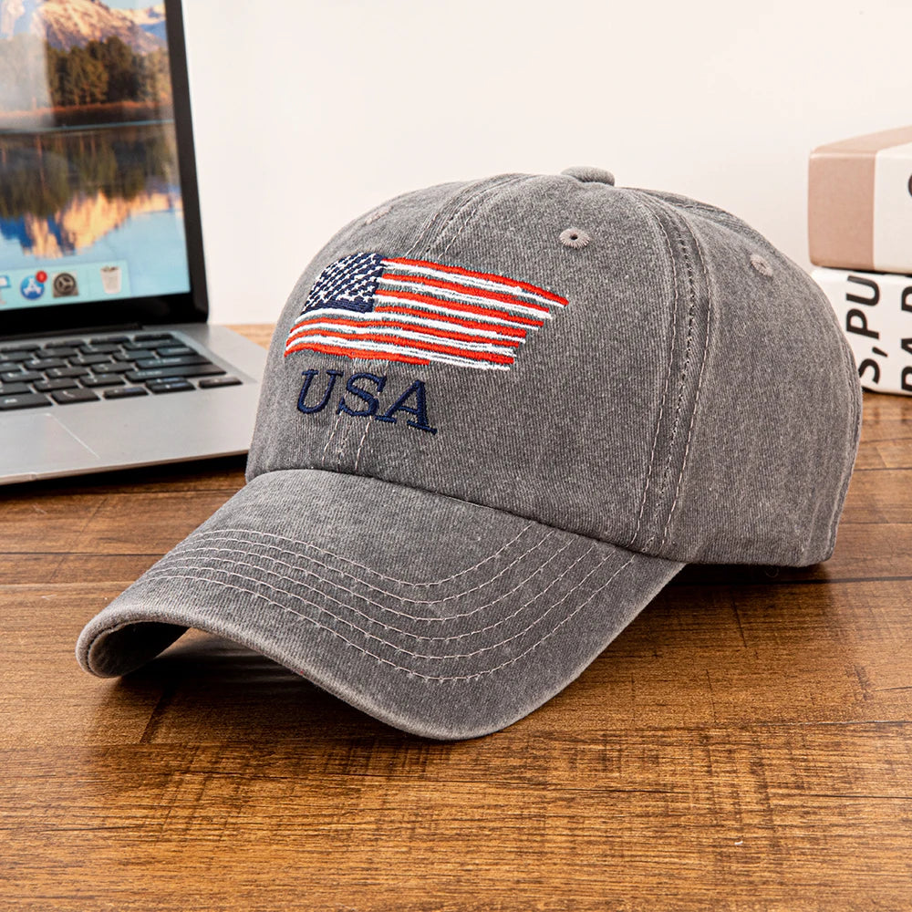 USA American Flag Embroidered Washed Cotton Baseball Cap for Men Women Vintage Adjustable Dad Hat Patriotic Outdoor