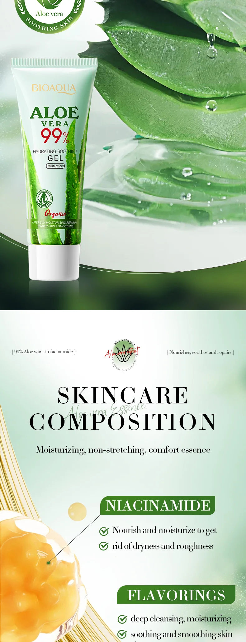 BIOAOUA Hydrating Soothing Natural Aloe Vera Gel Repairing Sunburn Moisturizing Skin Repairing Skin Care Facial Care