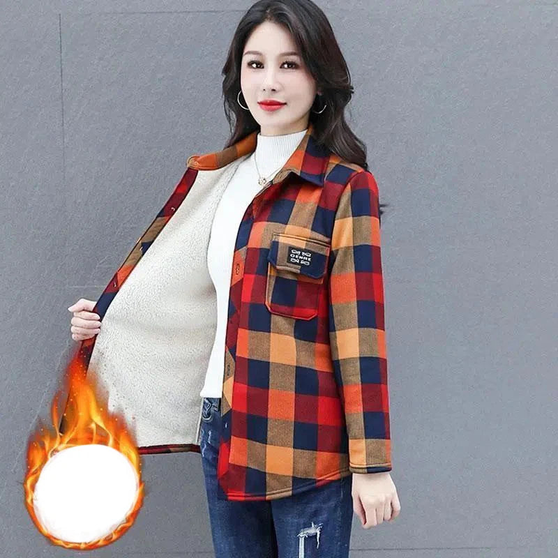 Autumn Winter Fashion Plus Velvet Harajuku Tops Women Loose Casual All Match Outerwear Lattice Shirt Long Sleeve Button Blusa