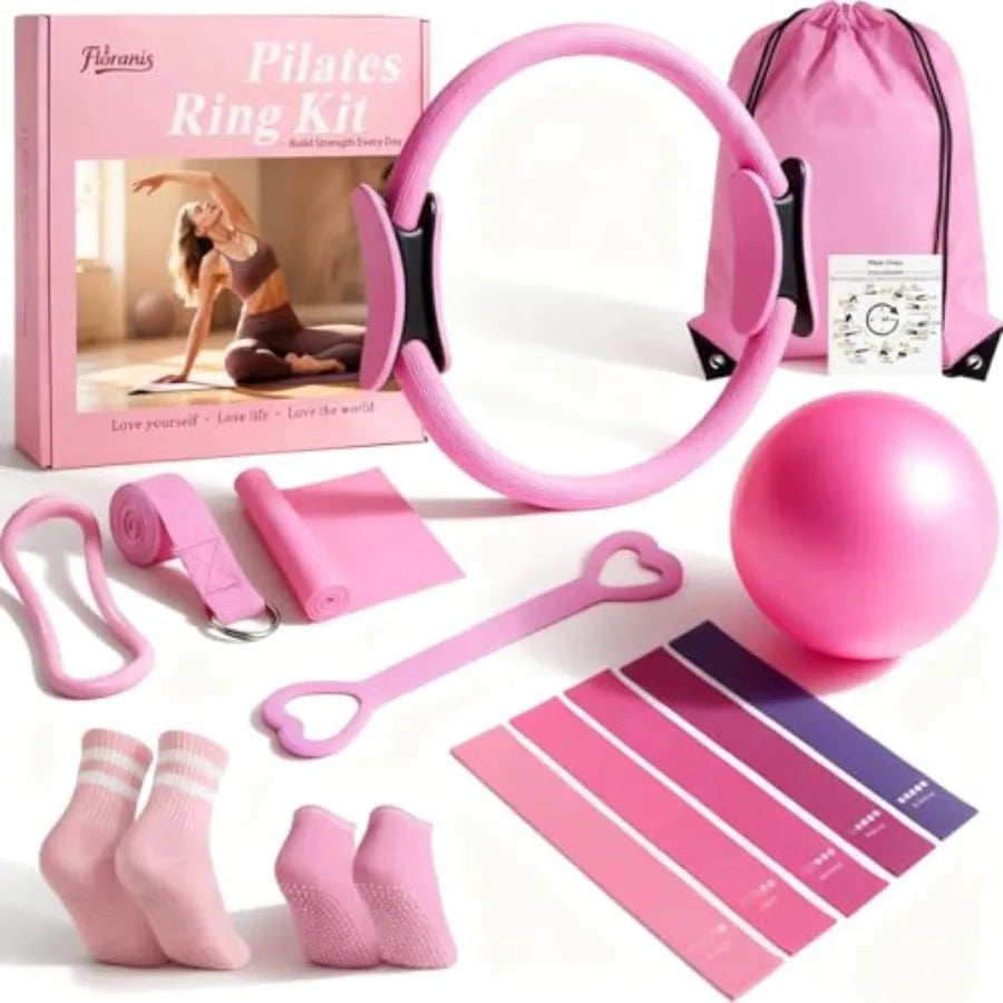 Home Pilates Essentials Kit for Women Pink Ring and Ball Pilates Set Equipment Magic Circle with 5 Resistance Bands Premium Acc