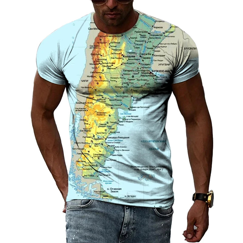 Summer T-shirts For Man 3D Print Hip Hop Harajuku Personality Round Neck Short Sleeve Fashion Natural Scenery Chile map and flag