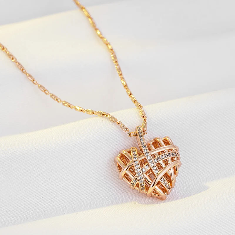 Kinel Unique Hollow Heart Pendant Necklace for Women Natural Zircon With 585 Rose Gold Color Modern Party Wedding Daily Jewelry
