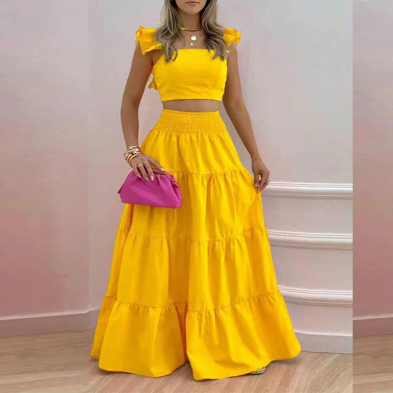 VEITCHE Summer Women Sexy Solid Two Suit Dress Women's Casual Loose Top Maxi Dress 2 Piece Set Female Elegant Holiday Sets