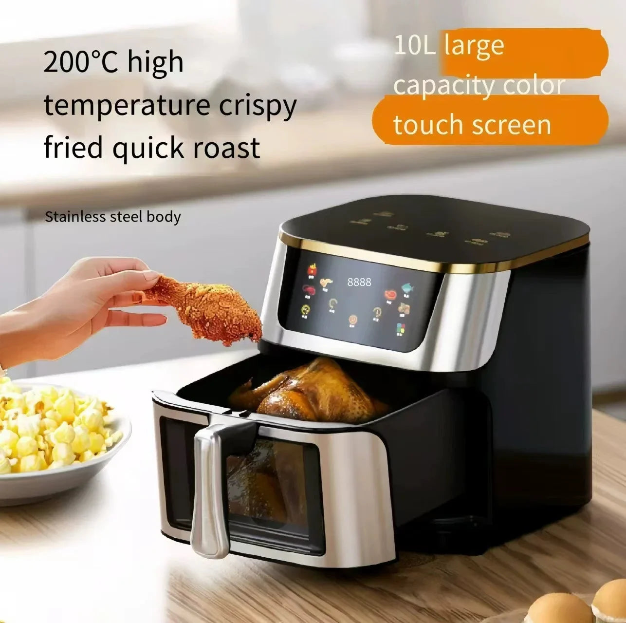 10L Large Capacity Air Fryer Multifunctional Electric Oven with Touch Screen Non-stick Pan Healthy Baking Utensils for Household