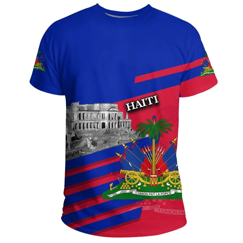3D Printed Haiti Flag T-Shirt For Men National Emblem Pattern Short Sleeve Tees Casual Sports O-Neck T-Shirts Street Loose Tops