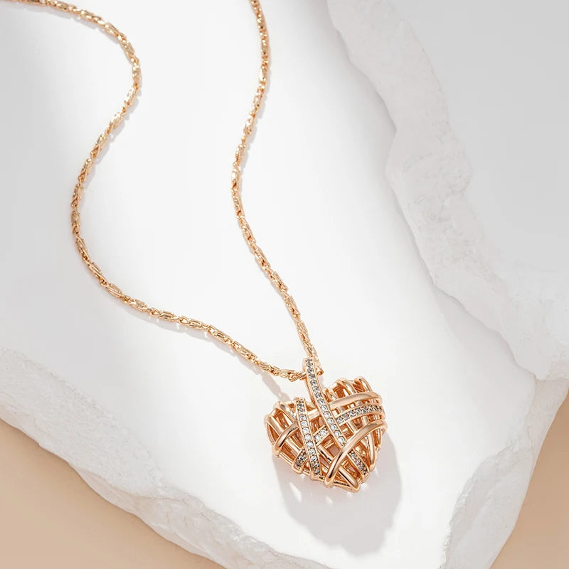 Kinel Unique Hollow Heart Pendant Necklace for Women Natural Zircon With 585 Rose Gold Color Modern Party Wedding Daily Jewelry