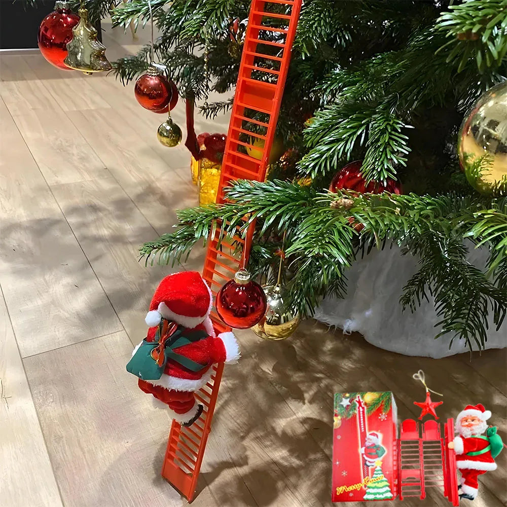 Electric Climbing Ladder Santa Claus Doll with Music, Christmas Tree Hanging Ornament, 2026 New Year Home Decor, Kids Xmas Gift