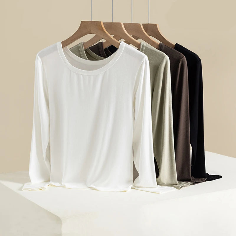 1pcs Plain T Shirt Womens Elastic Basic T-shirts Females Casual Slimming Tops Long Sleeve Sexy Thin T-Shirt Lady Warm Underwears