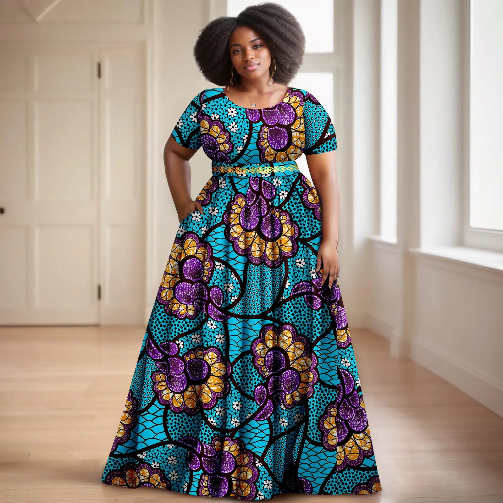 Afripride African Women's Dresses Ankara Batik Short Sleeve Gold Stamped Belt Accessory Dress 2425127
