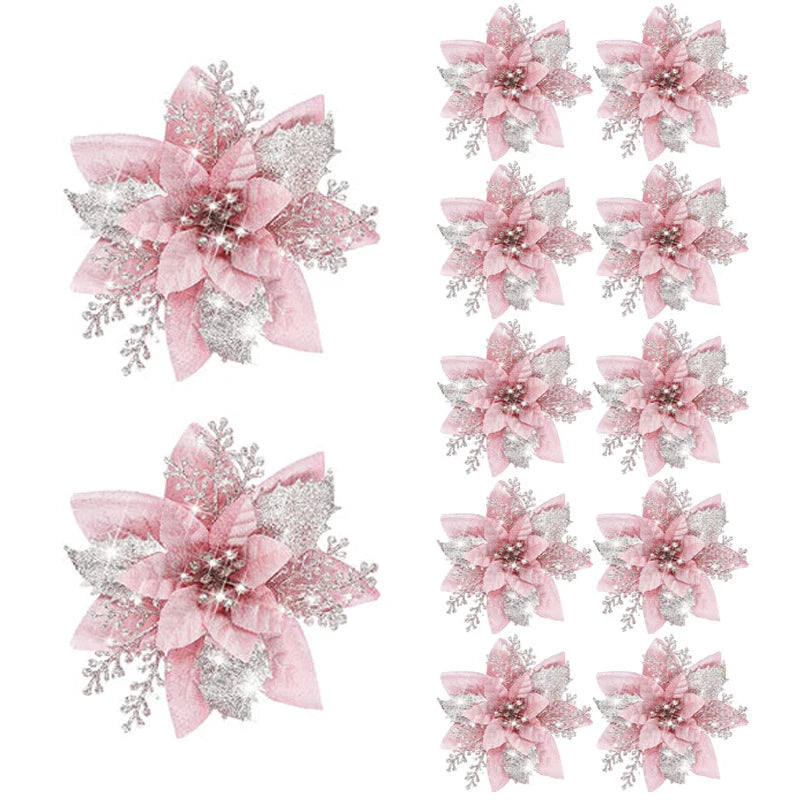 Glitter Artifical Christmas Flowers Mreey Christmas Tree Decoration Happy New Year Ornaments Xmas Fake Flowers Natal
