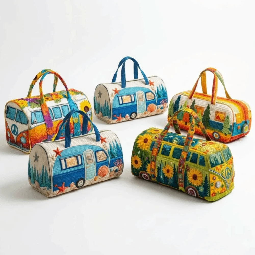 Trendy 3D Quilted Duffle Bag Bus Design Large Capacity Travel Handbag Retro Boho Multifunctional Gym Tote Bag Daily Outings